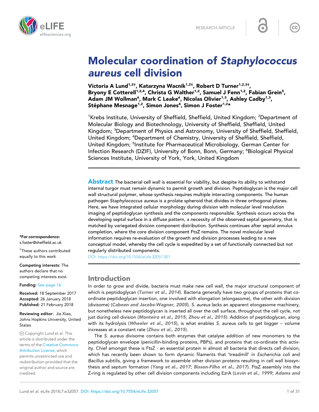 Molecular Coordination of Staphylococcus Aureus Cell Division