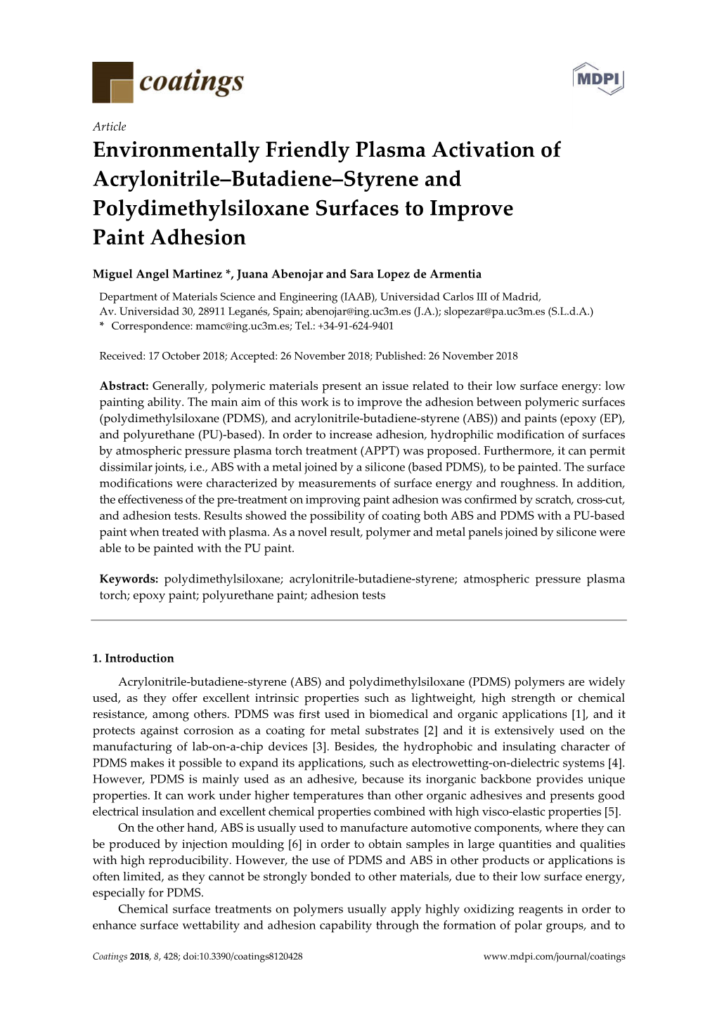 Environmentally Friendly Plasma Activation of Acrylonitrile–Butadiene–Styrene and Polydimethylsiloxane Surfaces to Improve Paint Adhesion