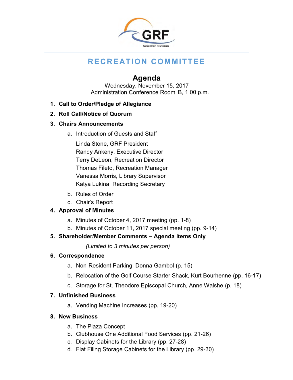 RECREATION COMMITTEE Agenda