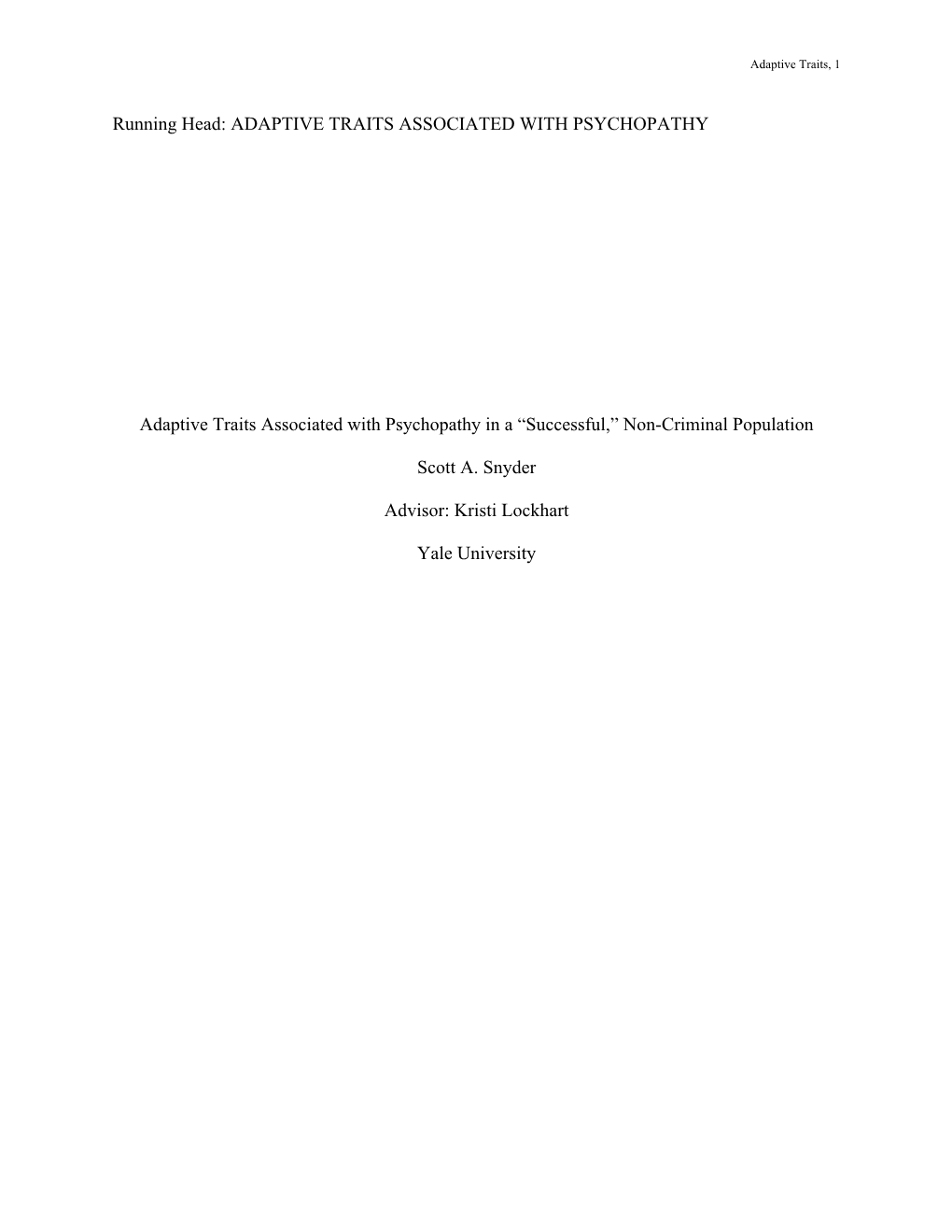 Running Head: ADAPTIVE TRAITS ASSOCIATED with PSYCHOPATHY