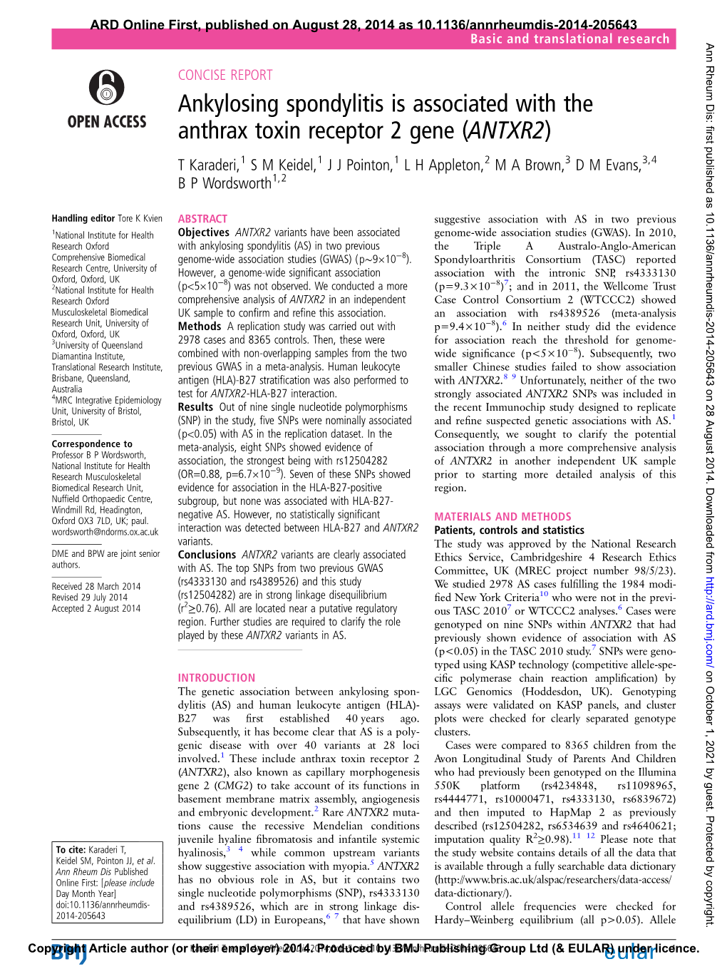 Ankylosing Spondylitis Is Associated with the Anthrax Toxin Receptor 2 Gene