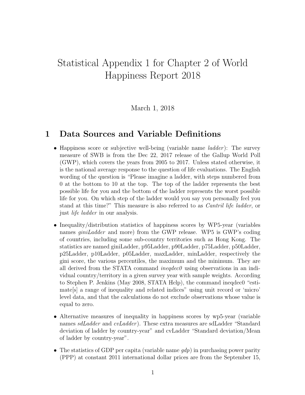 Statistical Appendix 1 for Chapter 2 of World Happiness Report 2018