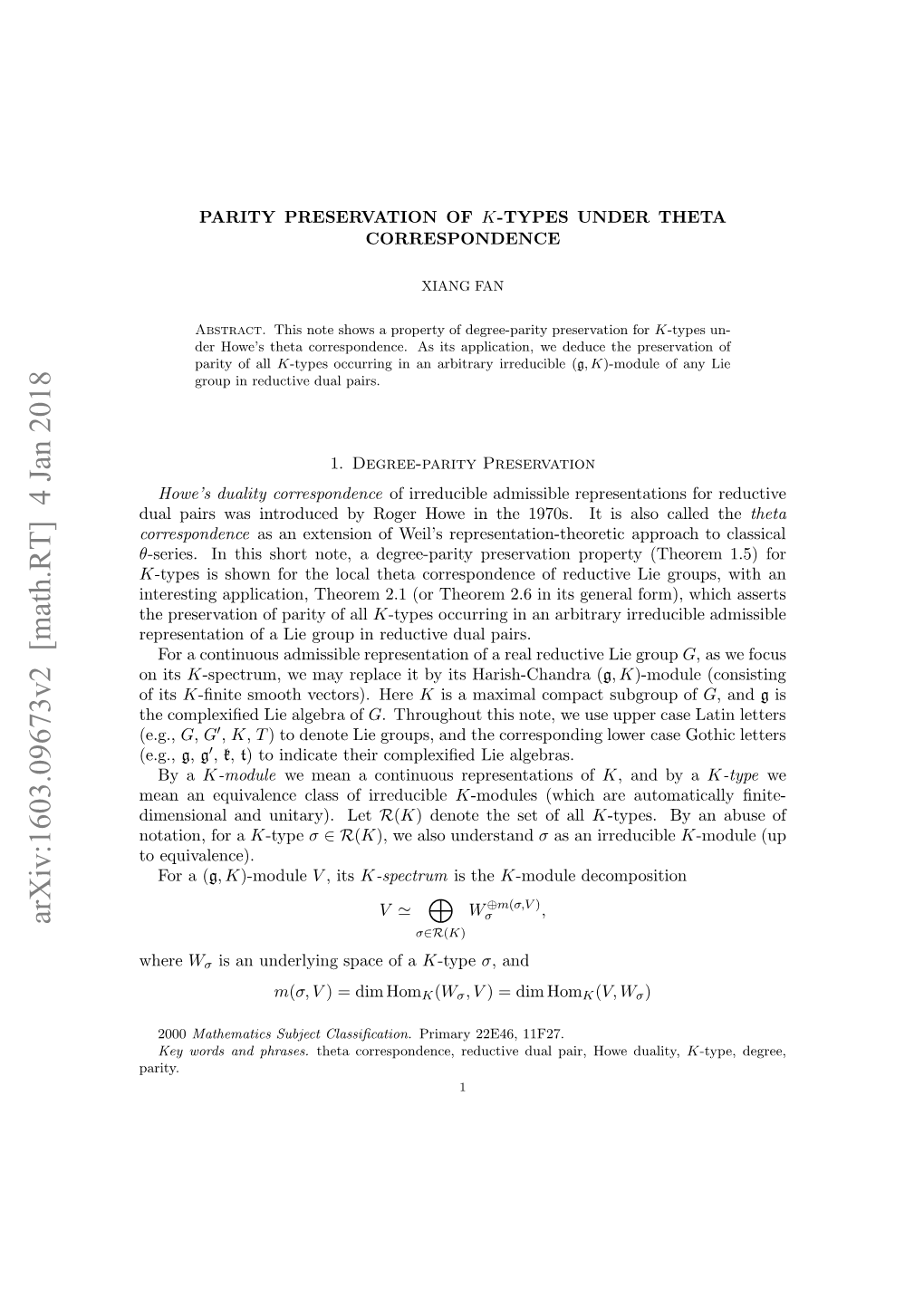 PARITY PRESERVATION of K-TYPES UNDER THETA CORRESPONDENCE 2 Is the Multiplicity of Σ in V