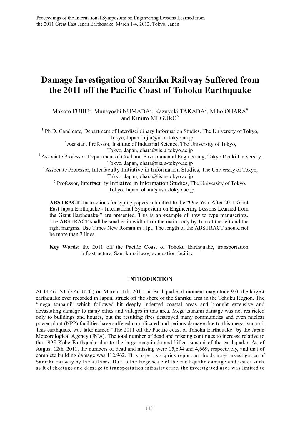 Damage Investigation of Sanriku Railway Suffered from the 2011 Off the Pacific Coast of Tohoku Earthquake