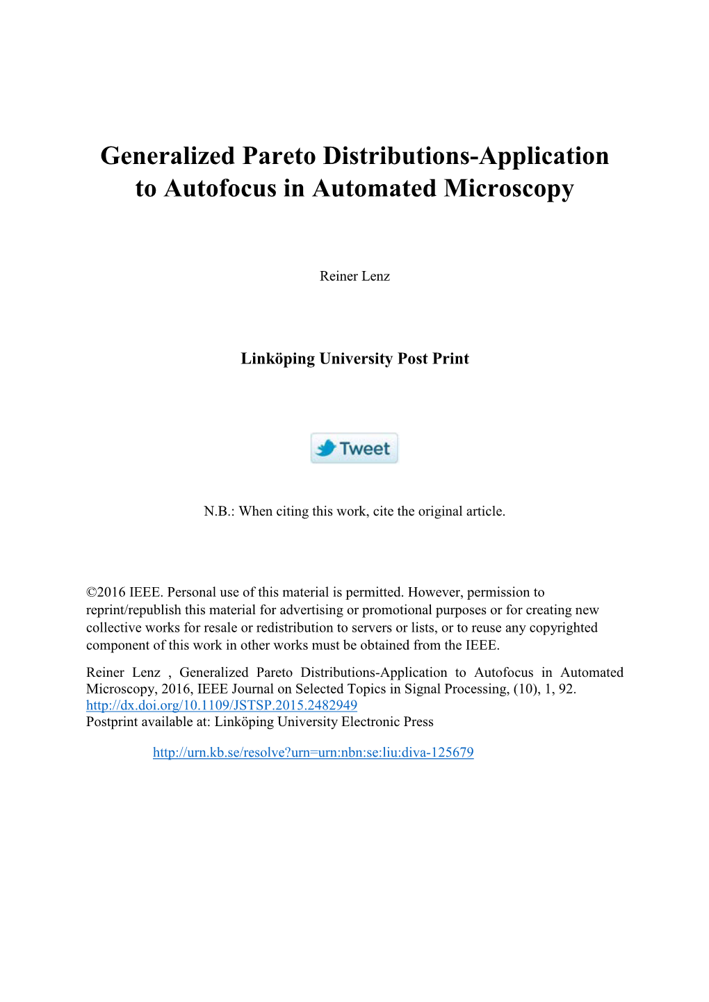 Generalized Pareto Distributions-Application to Autofocus in Automated Microscopy