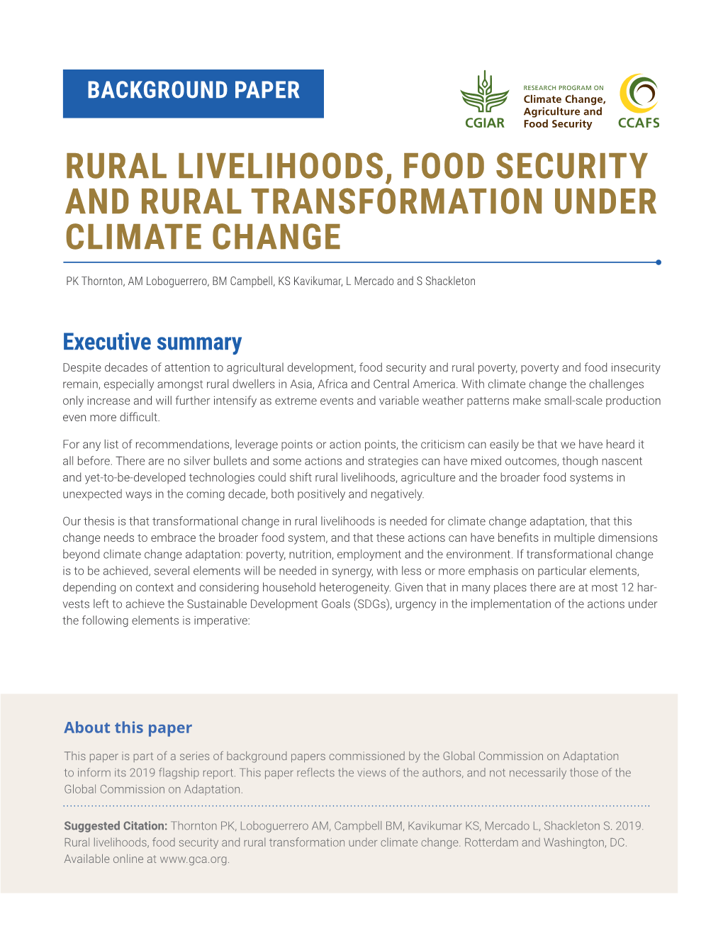 Rural Livelihoods, Food Security and Rural Transformation Under Climate Change
