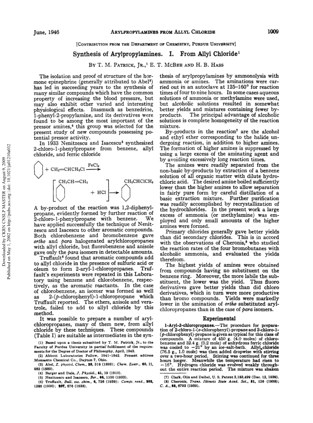 Synthesis of Arylpropylamines. I. from Allyl Chloride1