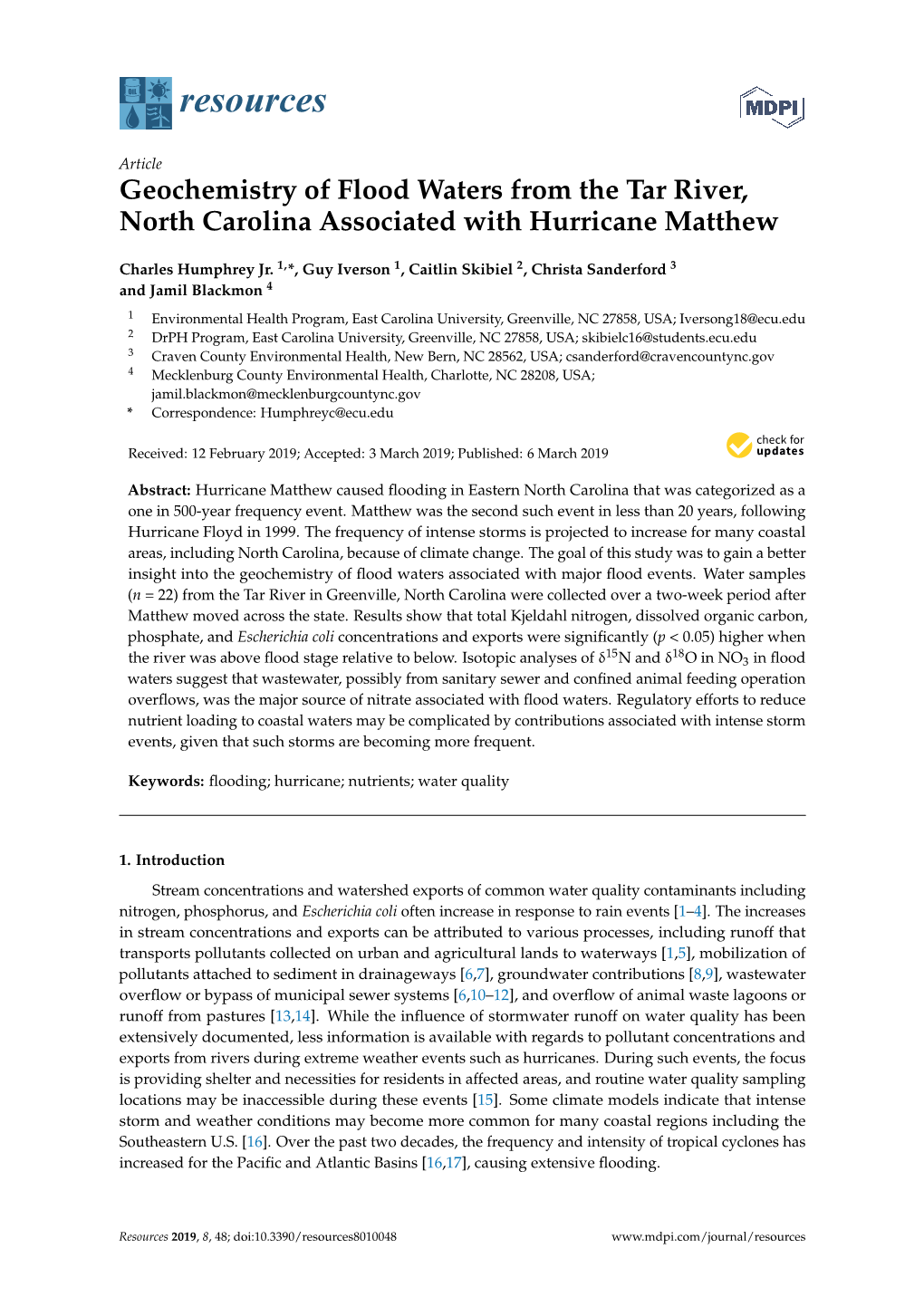 Geochemistry of Flood Waters from the Tar River, North Carolina Associated with Hurricane Matthew