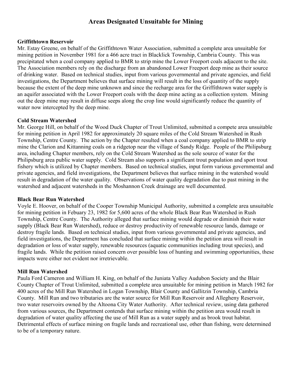 Designated Areas Unsuitable for Mining Program Summaries