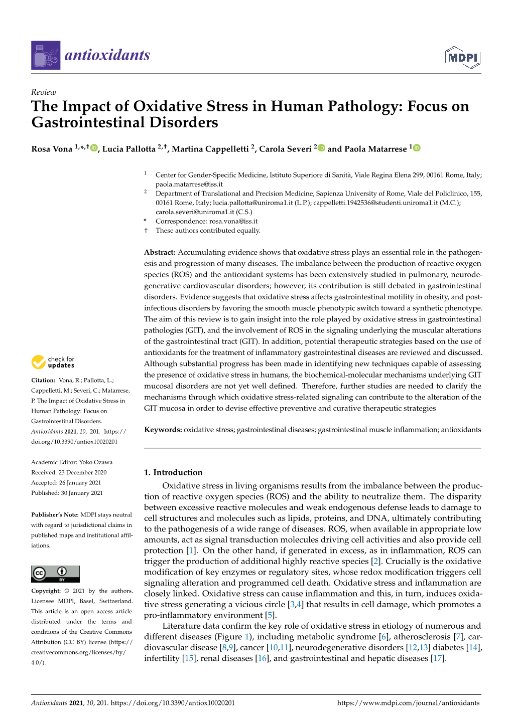 The Impact of Oxidative Stress in Human Pathology: Focus on Gastrointestinal Disorders