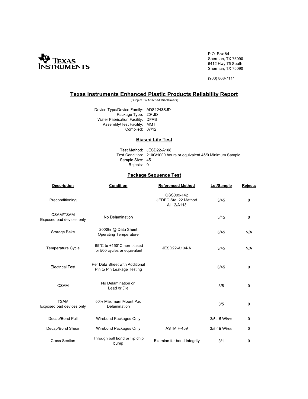 ADS1243SJD Reliability Report