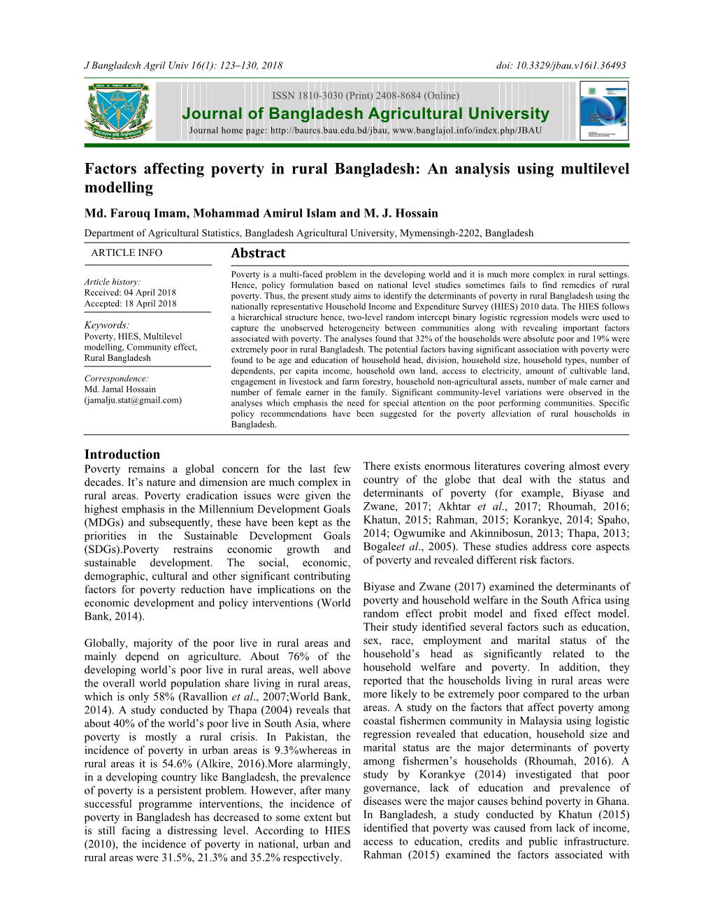 Factors Affecting Poverty in Rural Bangladesh: an Analysis Using Multilevel Modelling