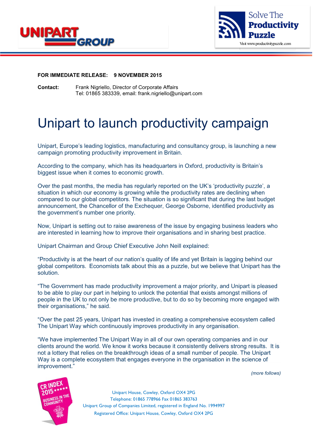 Unipart to Launch Productivity Campaign