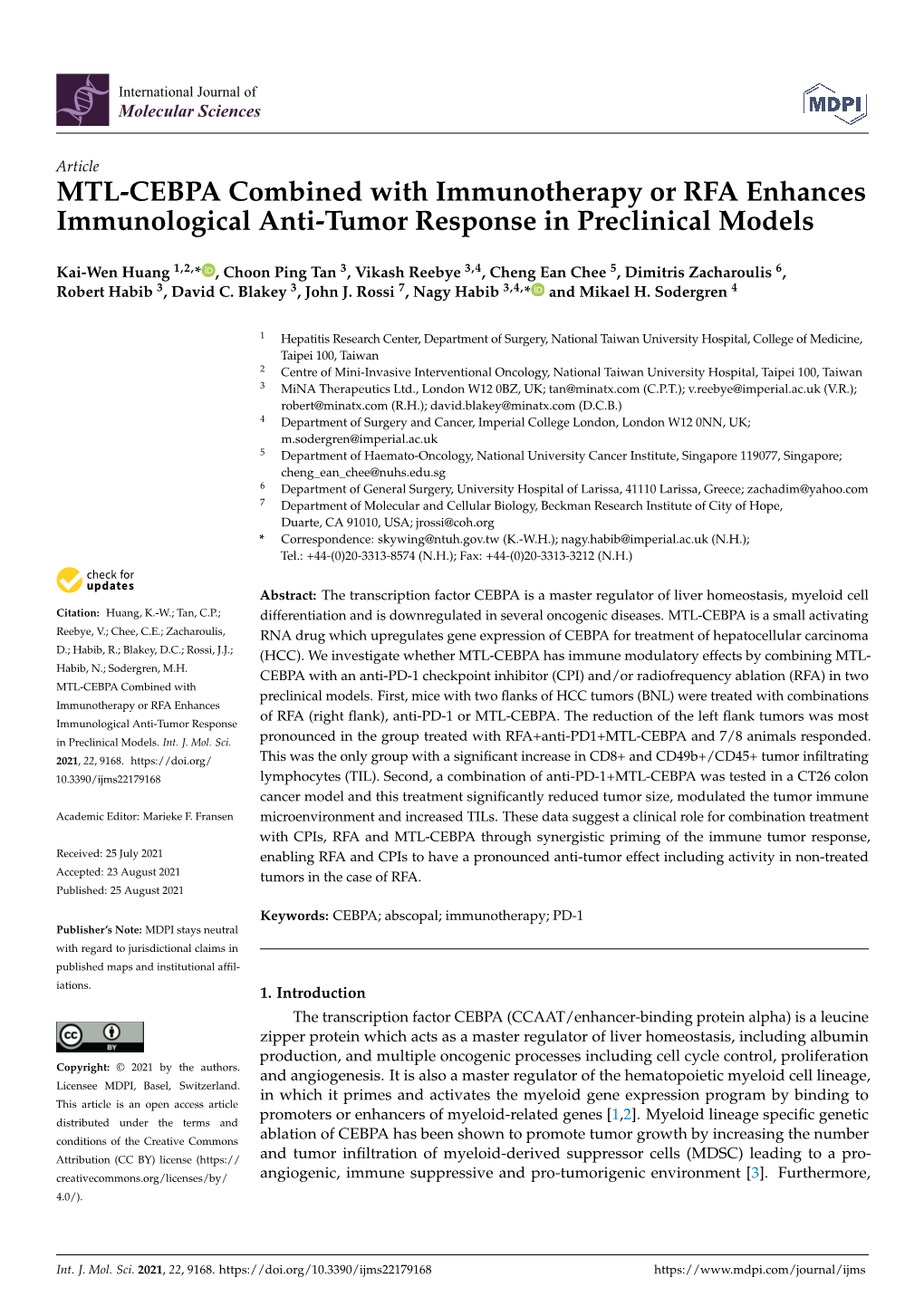 MTL-CEBPA Combined with Immunotherapy Or RFA Enhances Immunological Anti-Tumor Response in Preclinical Models