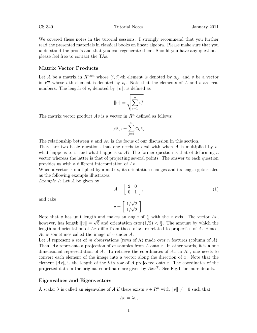 Matrix Vector Products Eigenvalues and Eigenvectors