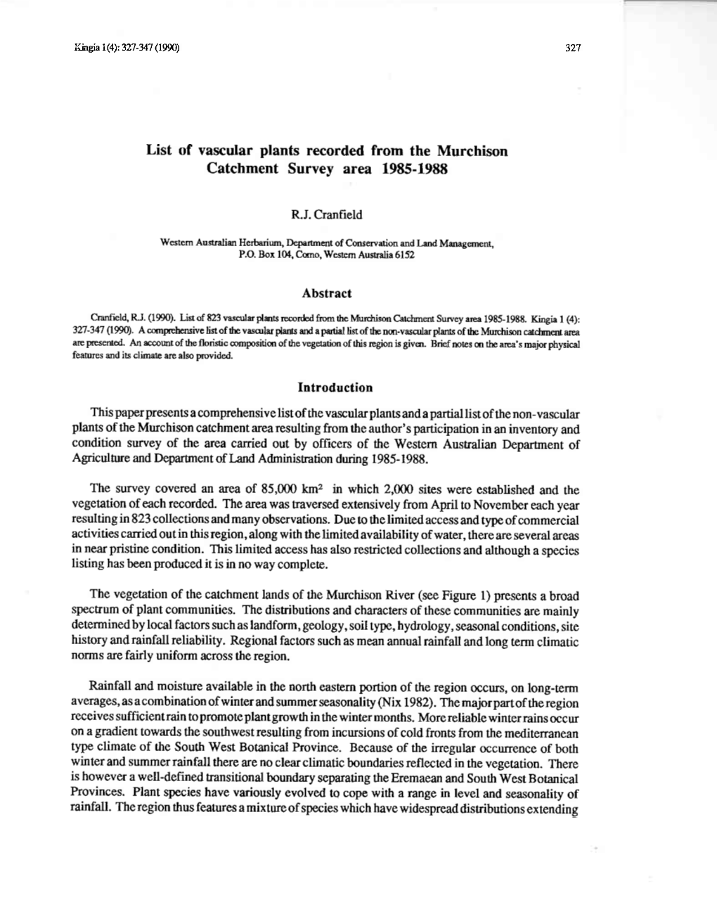 List of Vascular Plants Recorded from the Murchison Catchment Survey Area 1985-1988