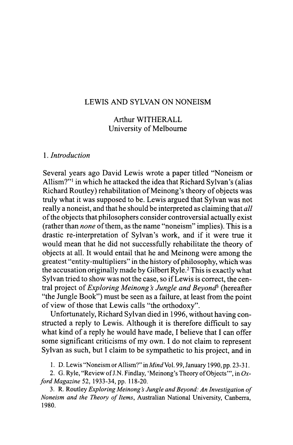 LEWIS and SYLVAN on NONEISM 1. Introduction Arthur WITHERALL