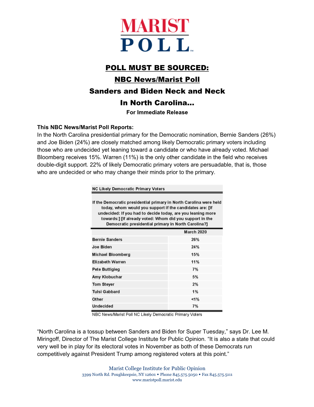 POLL MUST BE SOURCED: NBC News/Marist Poll Sanders and Biden Neck and Neck in North Carolina… for Immediate Release