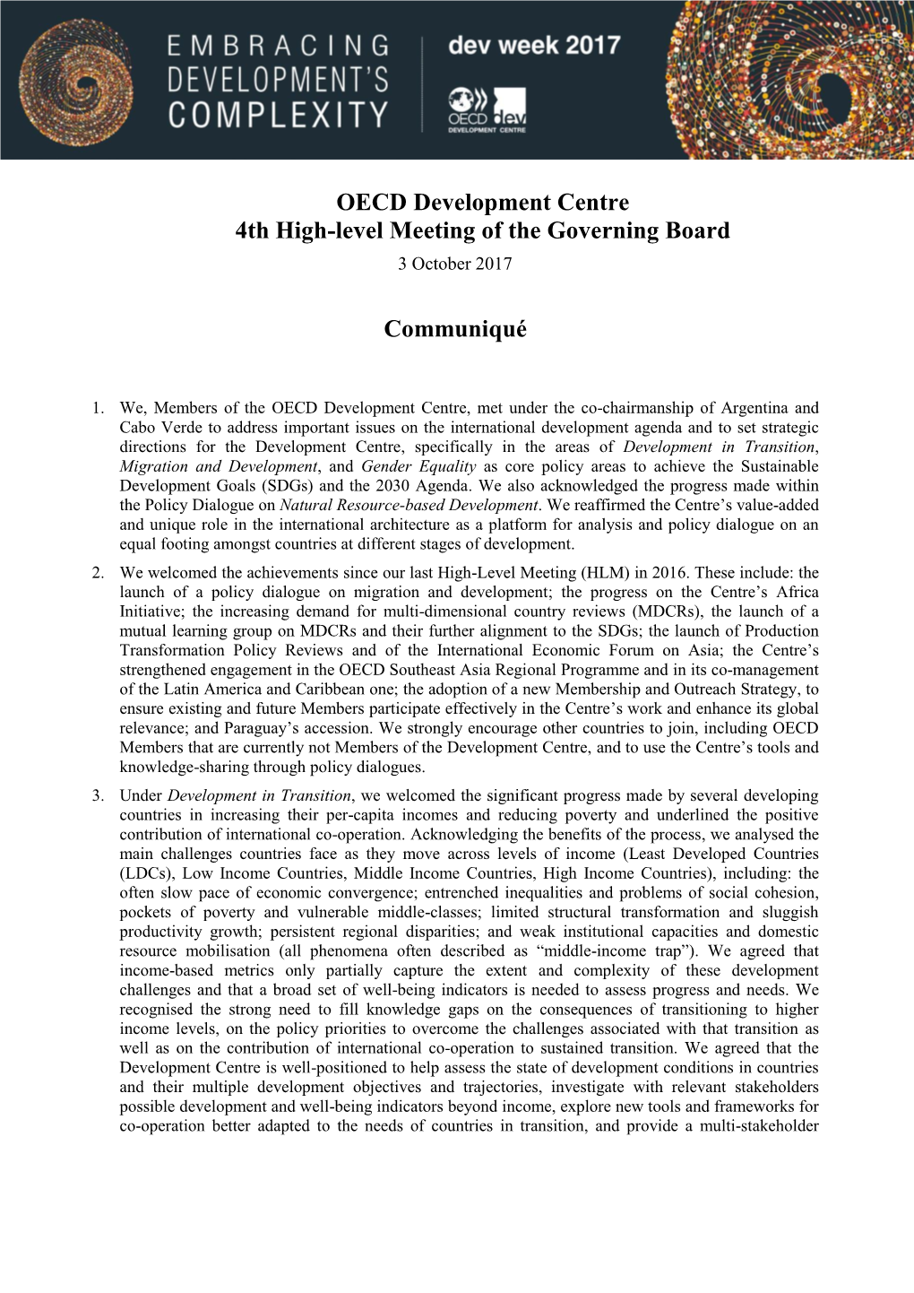 OECD Development Centre 4Th High-Level Meeting of the Governing Board 3 October 2017