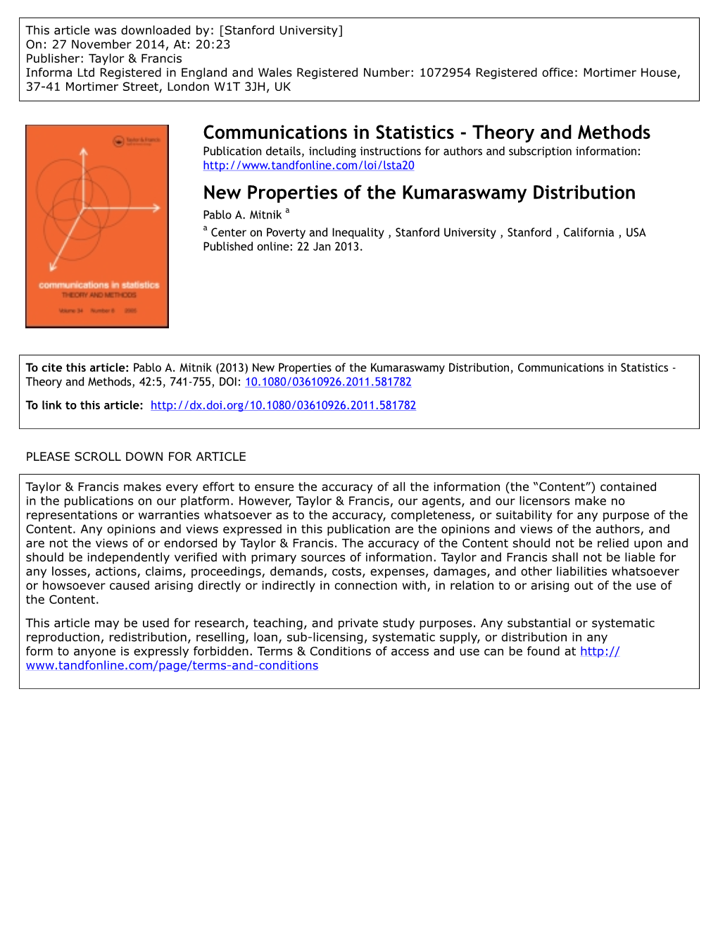 Theory and Methods New Properties of the Kumaraswamy Distribution