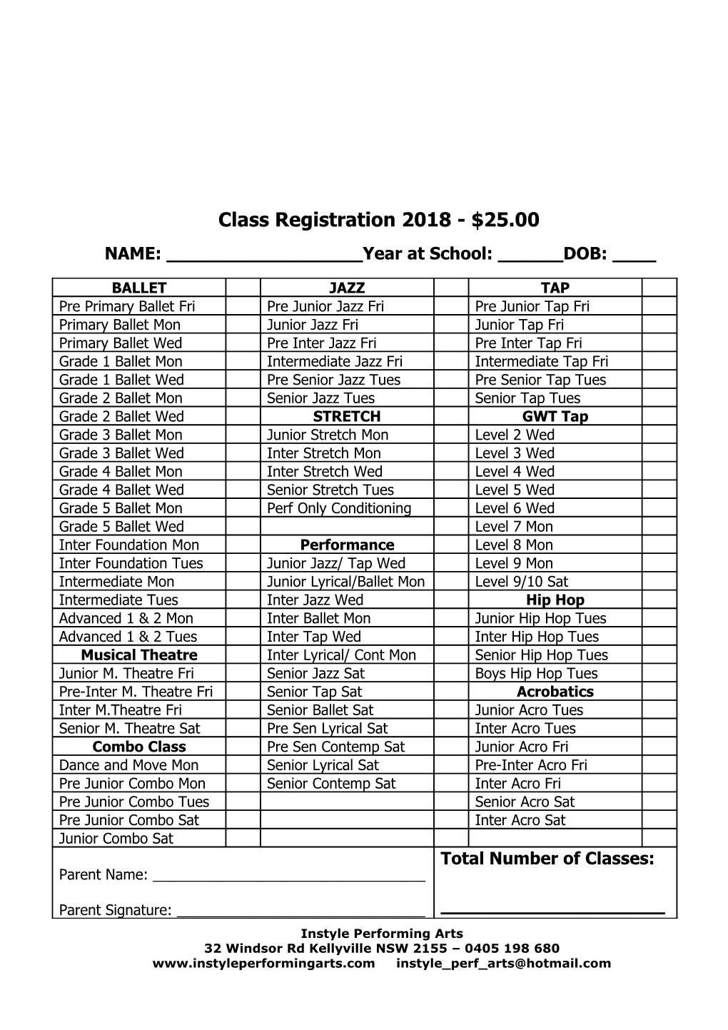 Class Registration 2018 - $25.00