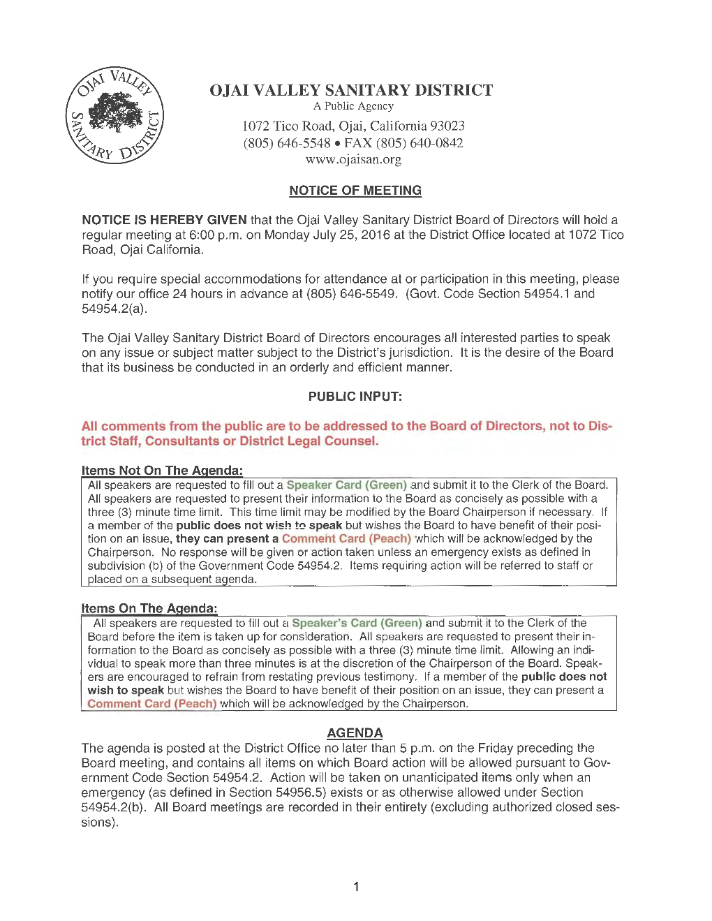 OJAI VALLEY SANITARY DISTRICT a Public Agency 1072 Tico Road, Ojai, California 93023 (805) 646-5548 •FAX (805) 640-0842 WWW .Oja!San.Org