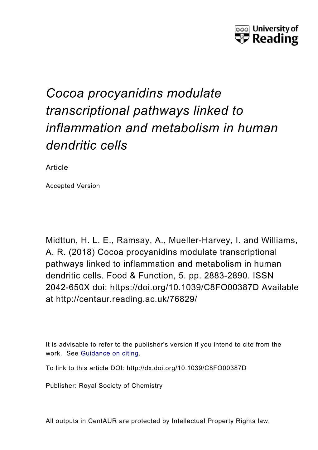 Cocoa Procyanidins Modulate Transcriptional Pathways Linked to Inflammation and Metabolism in Human Dendritic Cells