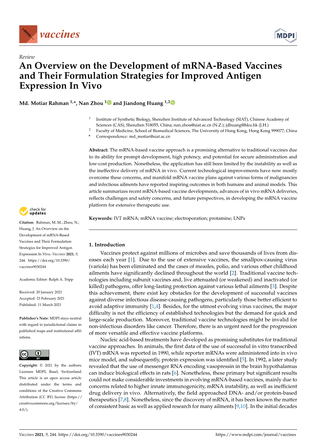 An Overview on the Development of Mrna-Based Vaccines and Their Formulation Strategies for Improved Antigen Expression in Vivo