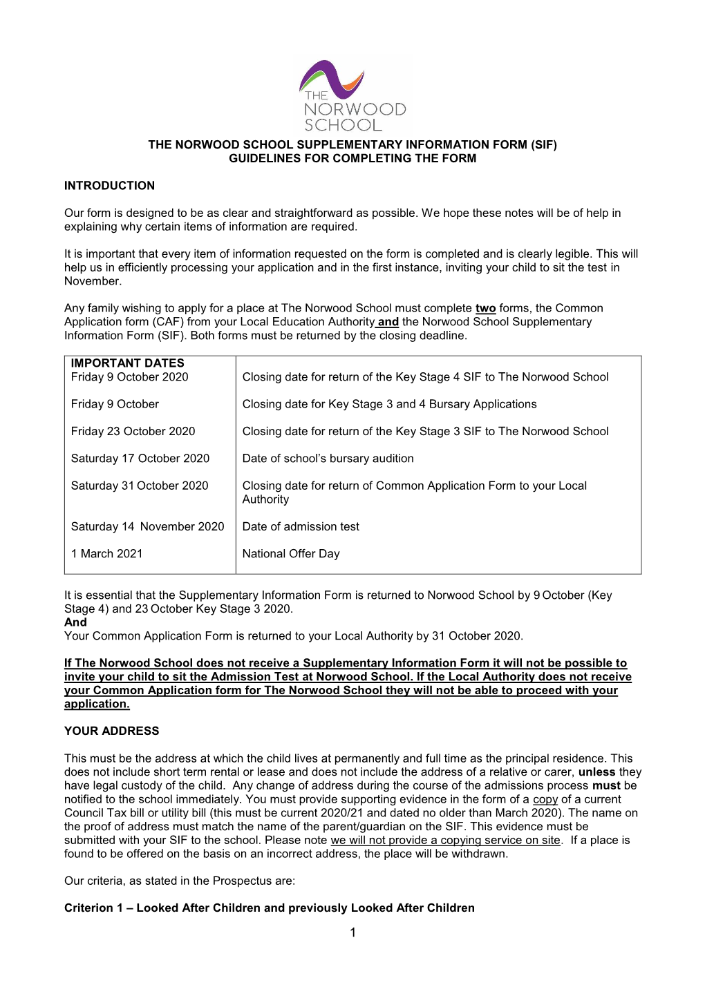 The Norwood School Supplementary Information Form (Sif) Guidelines for Completing the Form