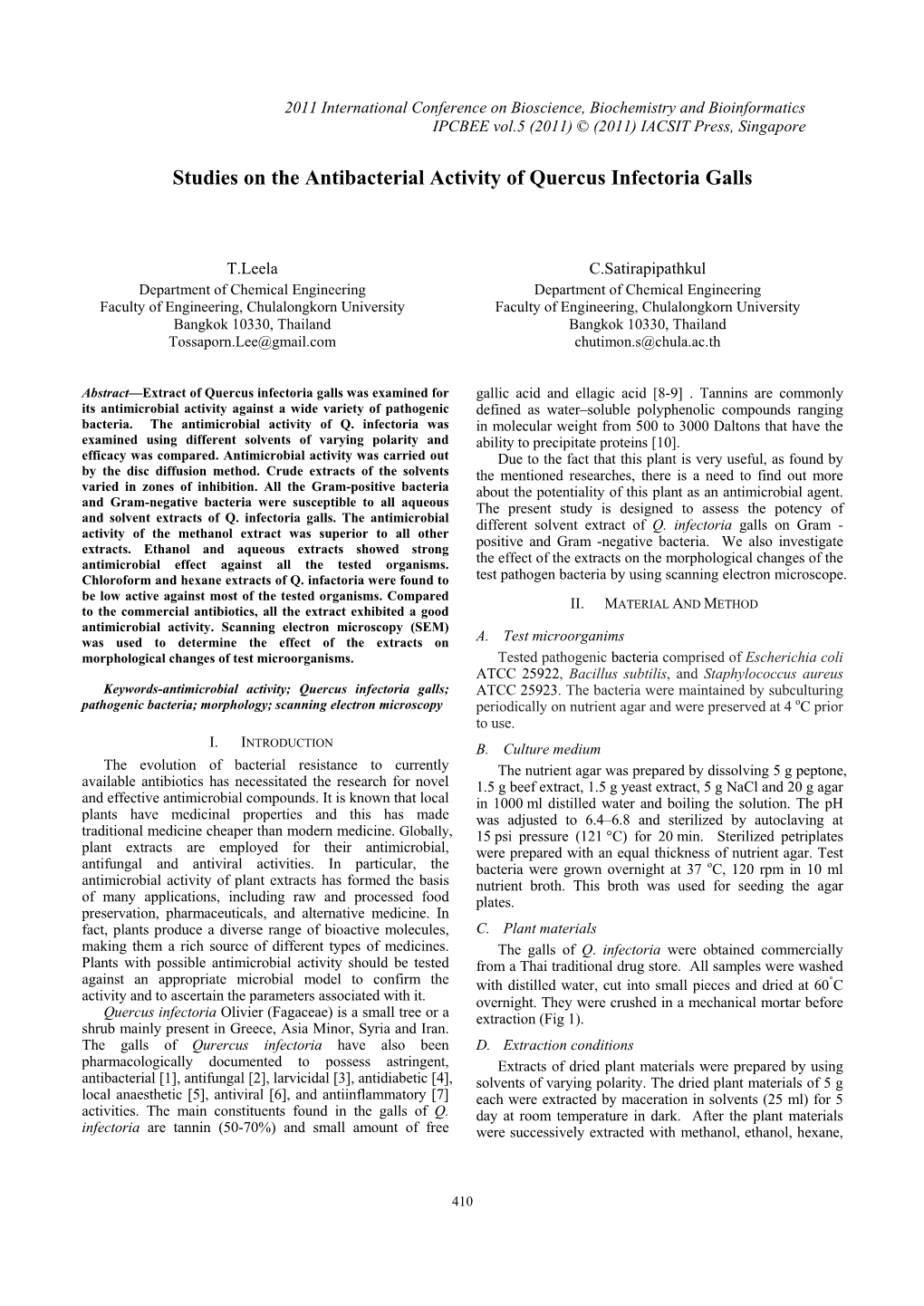 Studies on the Antibacterial Activity of Quercus Infectoria Galls