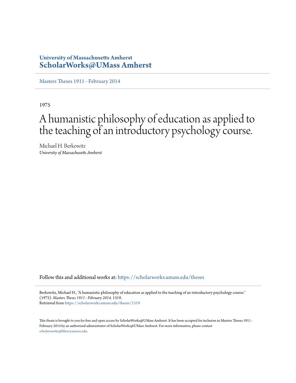A Humanistic Philosophy of Education As Applied to the Teaching of an Introductory Psychology Course