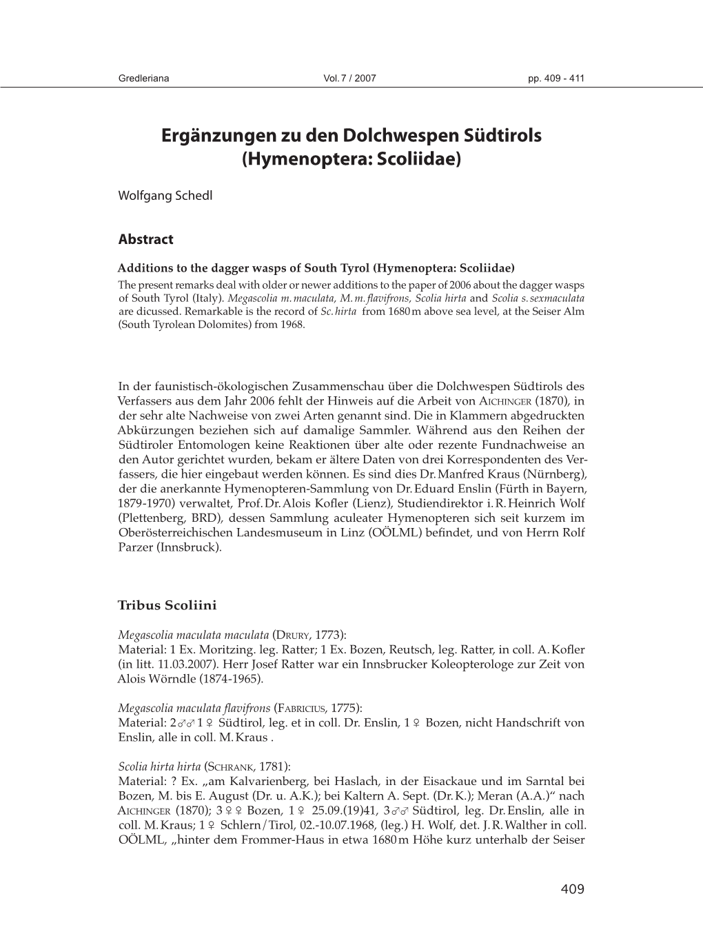 Ergänzungen Zu Den Dolchwespen Südtirols (Hymenoptera: Scoliidae)