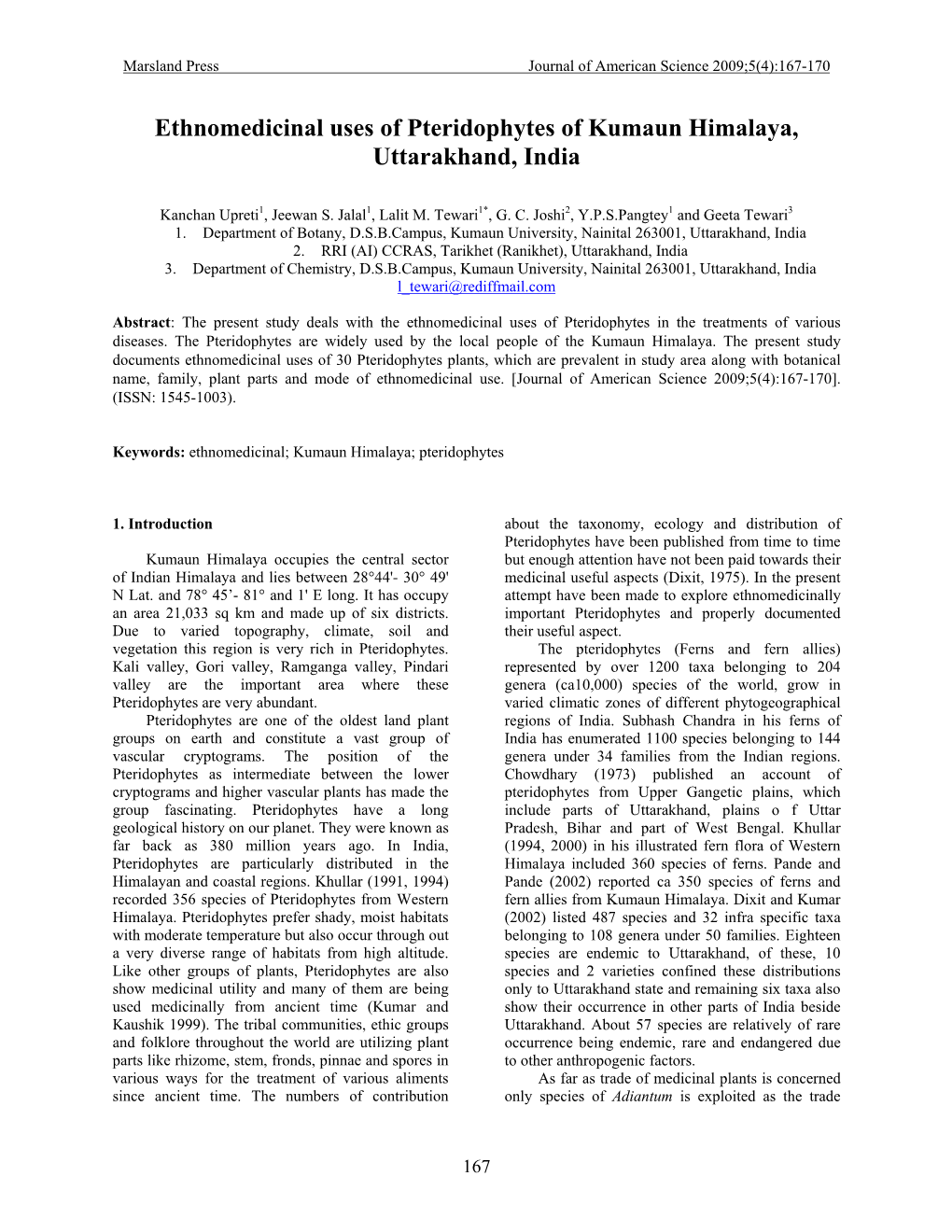 Ethnomedicinal Uses of Pteridophytes of Kumaun Himalaya, Uttarakhand, India