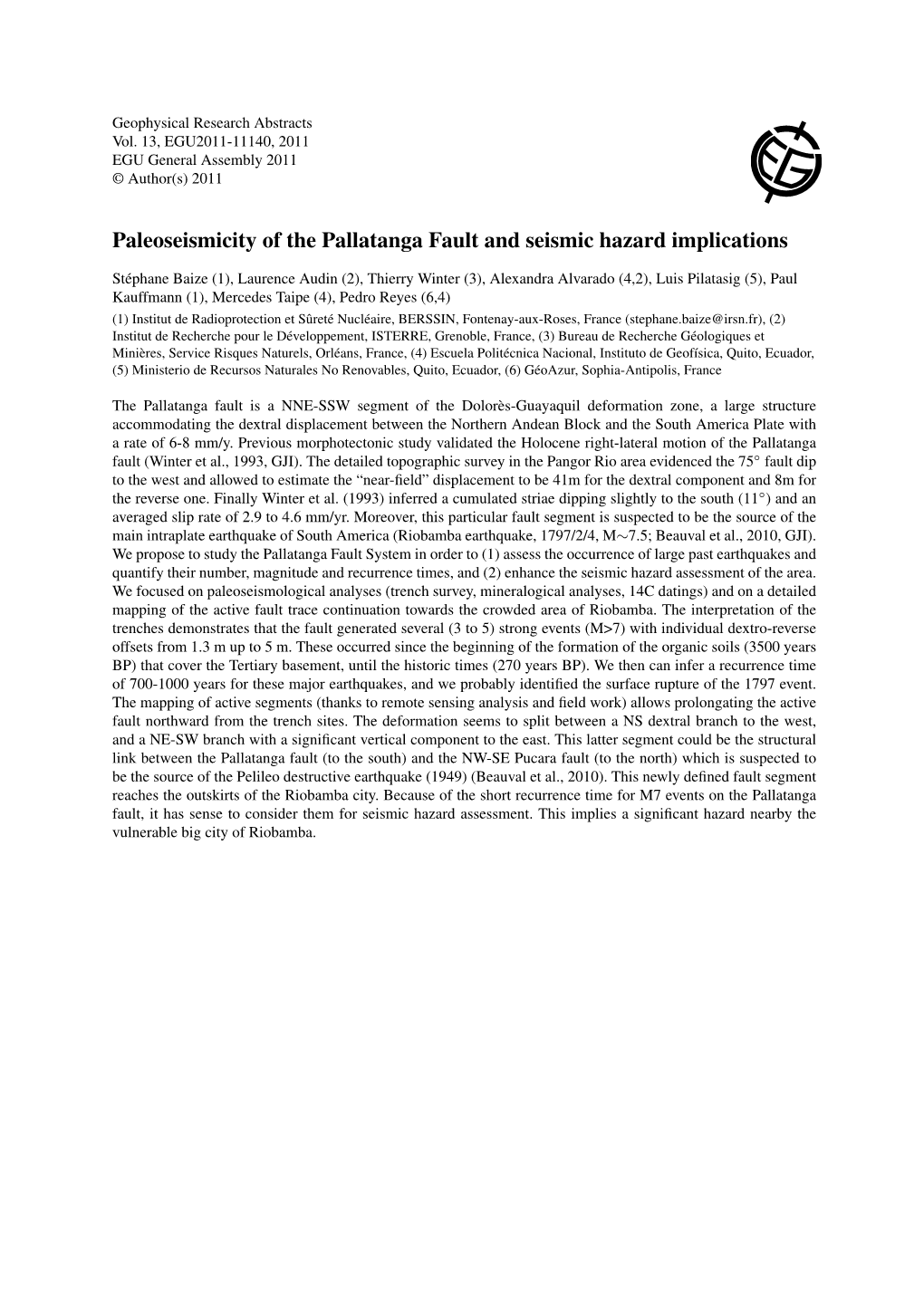 Paleoseismicity of the Pallatanga Fault and Seismic Hazard Implications