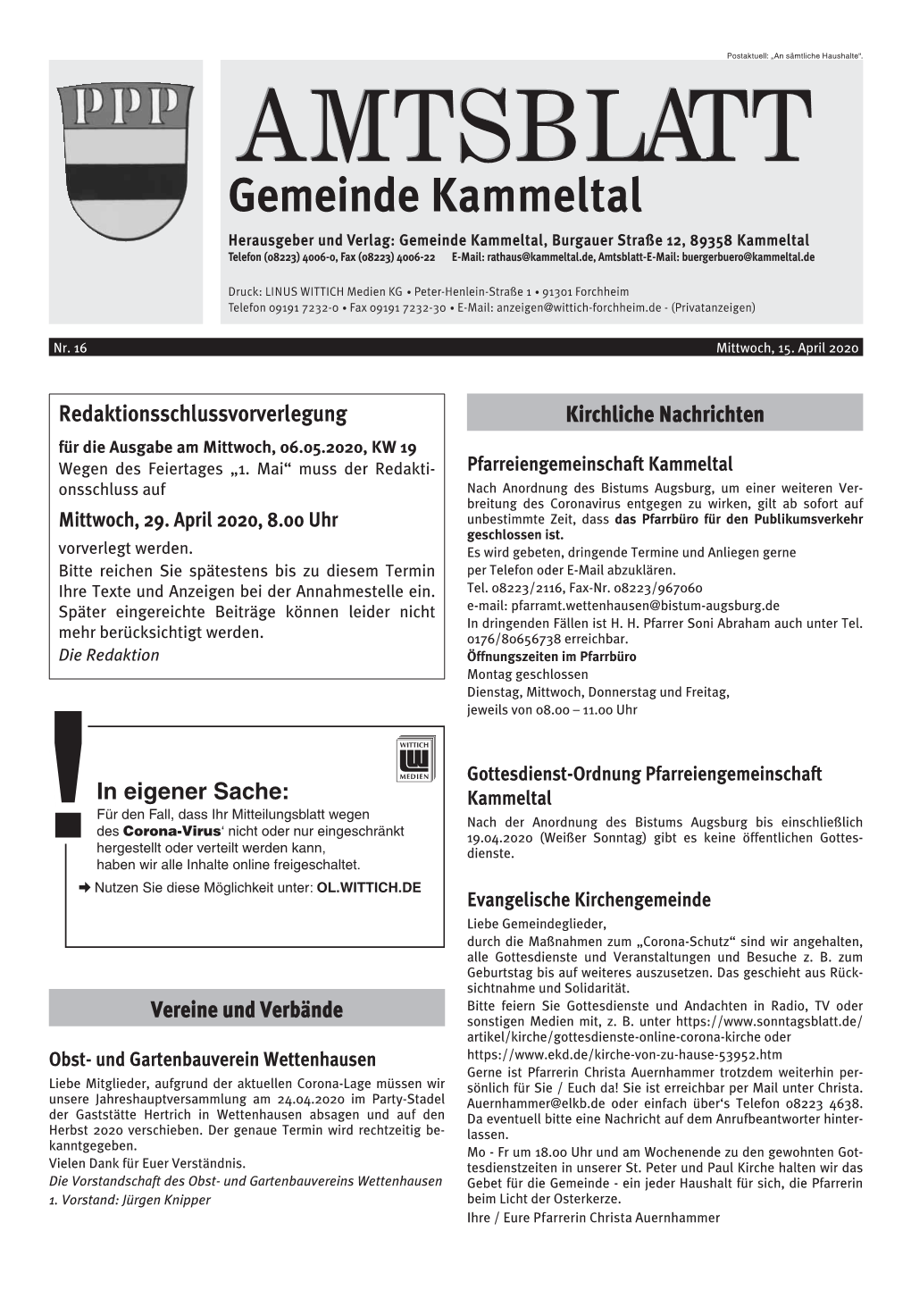 Amtsblatt Nr. 16 / 15.04.2020