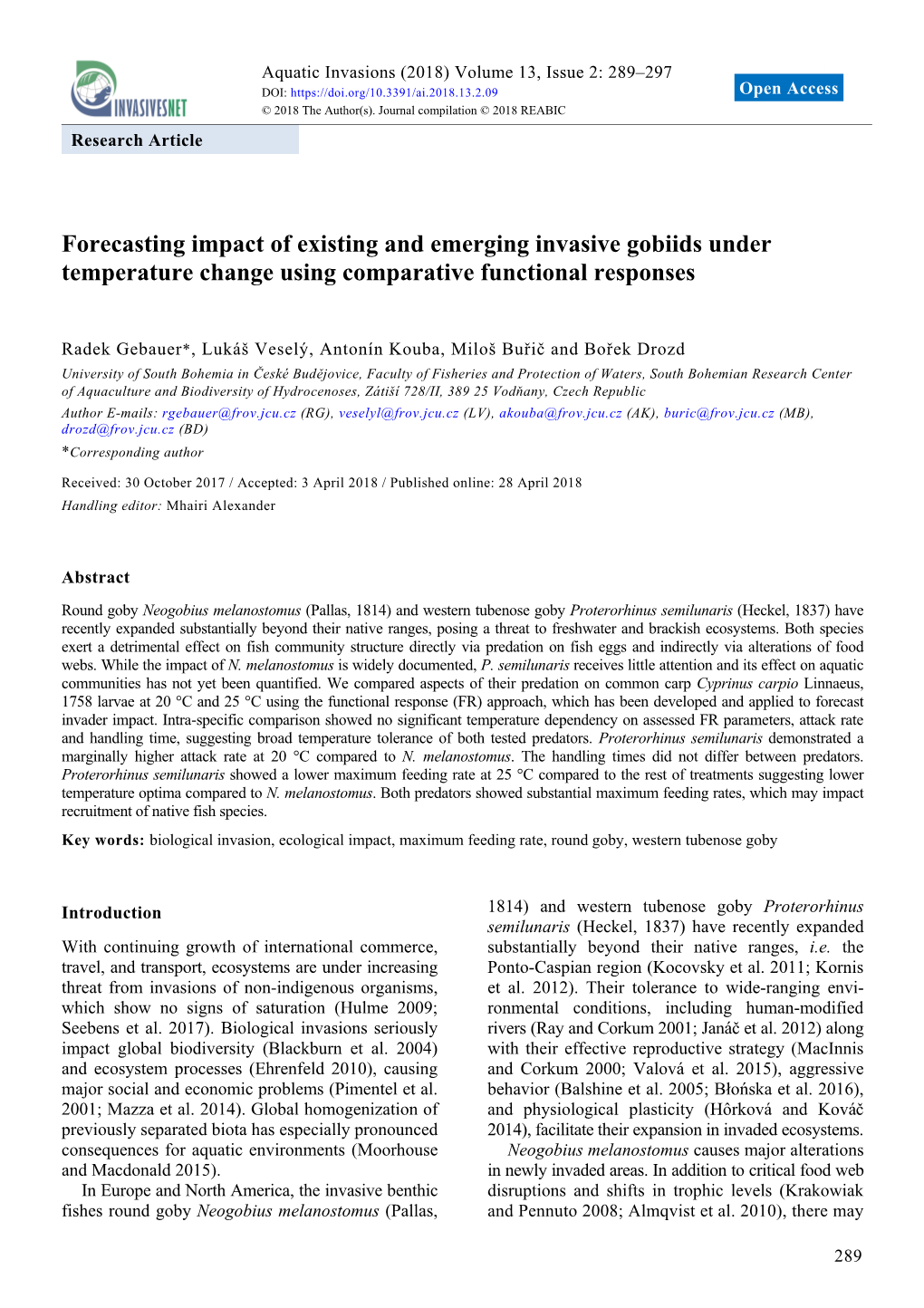 Forecasting Impact of Existing and Emerging Invasive Gobiids Under Temperature Change Using Comparative Functional Responses