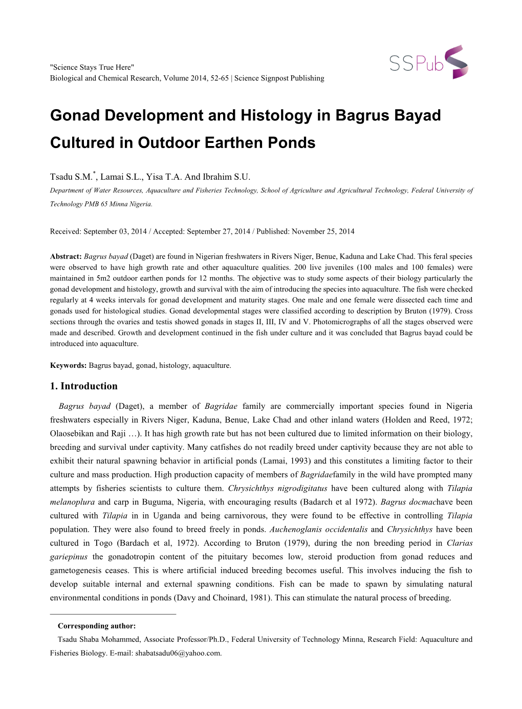 Gonad Development and Histology in Bagrus Bayad Cultured in Outdoor Earthen Ponds