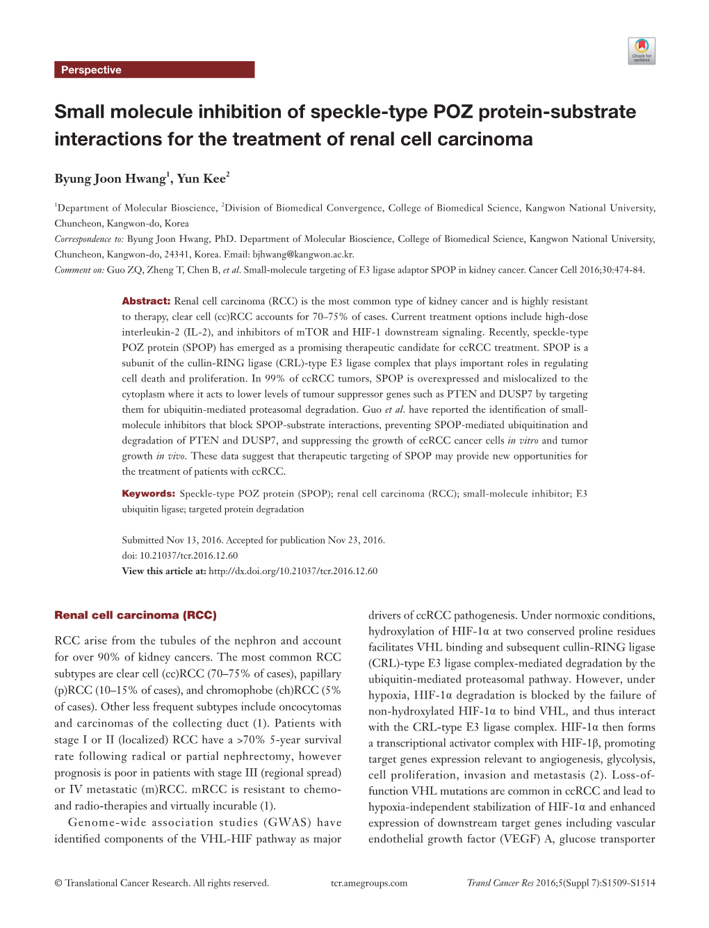 Small Molecule Inhibition of Speckle-Type POZ Protein-Substrate Interactions for the Treatment of Renal Cell Carcinoma