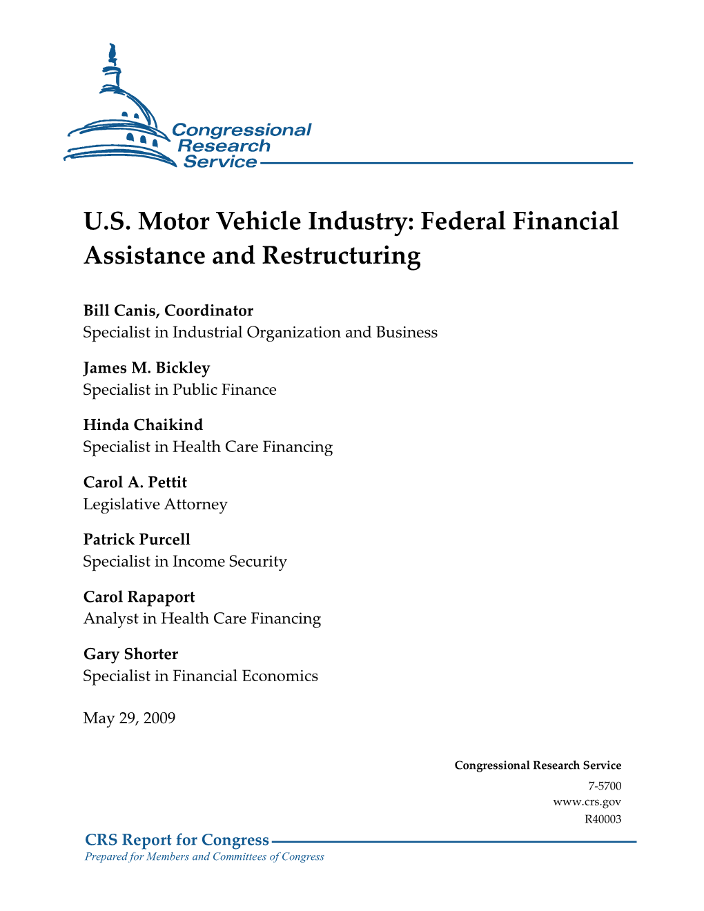 U.S. Motor Vehicle Industry: Federal Financial Assistance and Restructuring