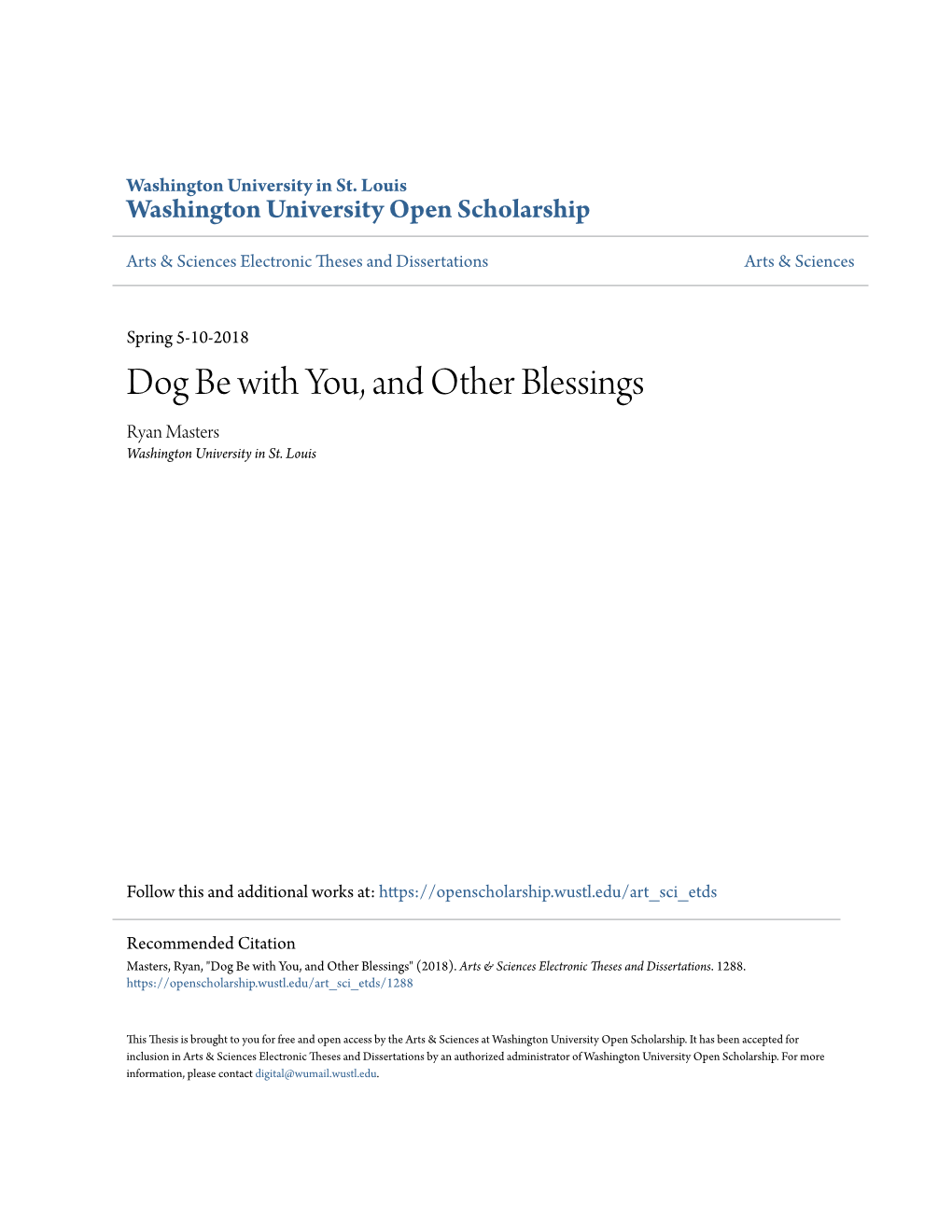 Dog Be with You, and Other Blessings Ryan Masters Washington University in St