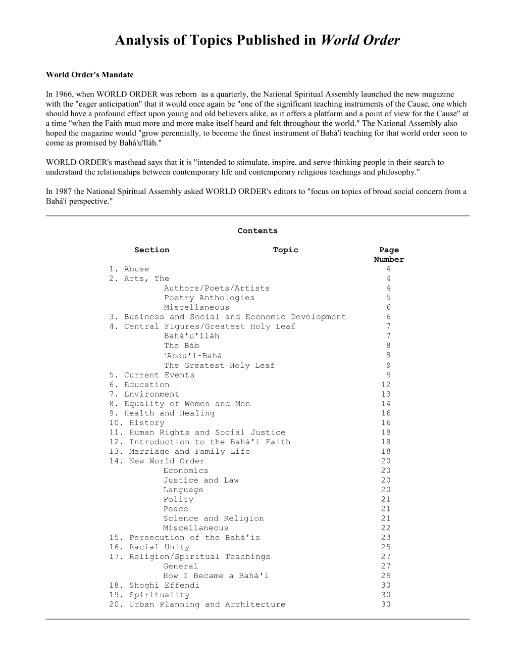 Analysis of Topics Published in World Order