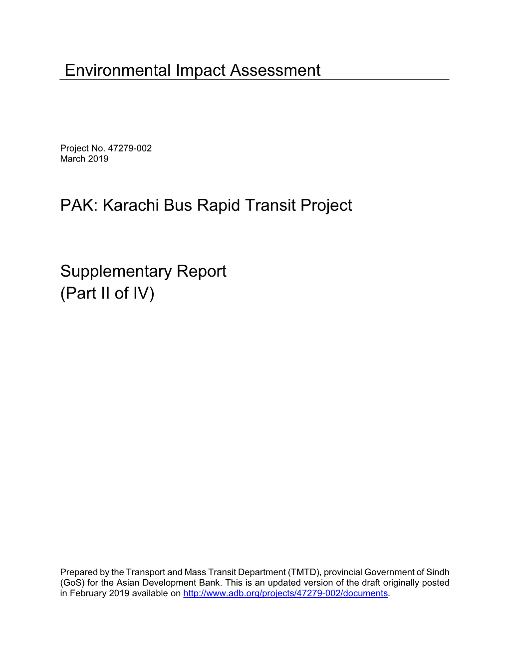 Karachi Bus Rapid Transit Project Supplementary Report (Part II Of