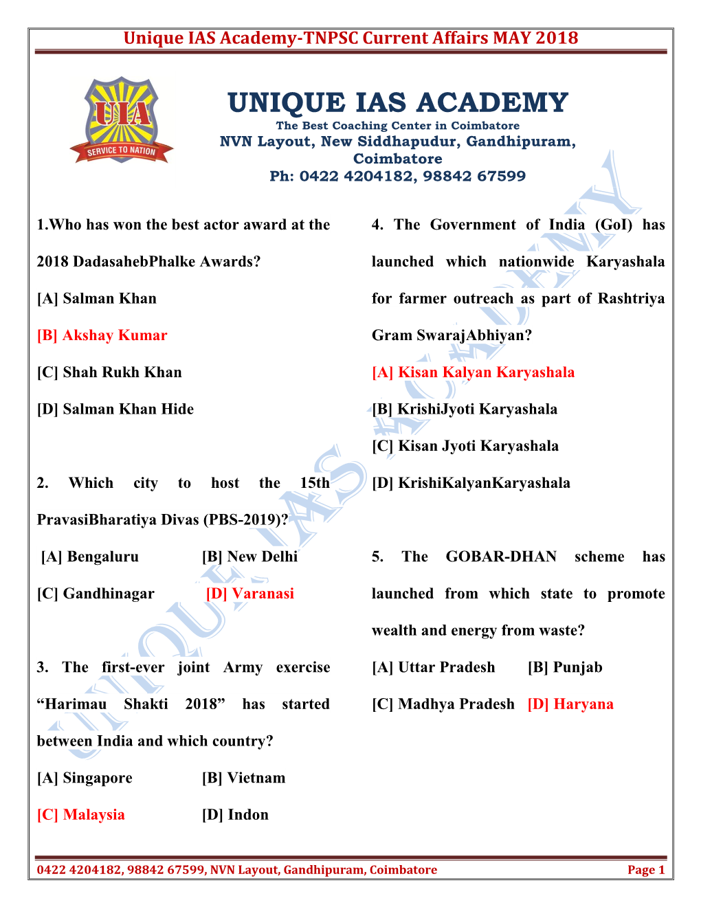 Unique IAS Academy-TNPSC Current Affairs MAY 2018