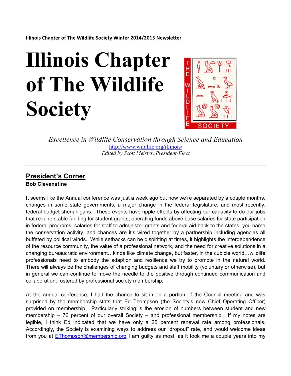 Illinois Chapter of the Wildlife Society Winter 2014/2015 Newsletter Illinois Chapter of the Wildlife Society