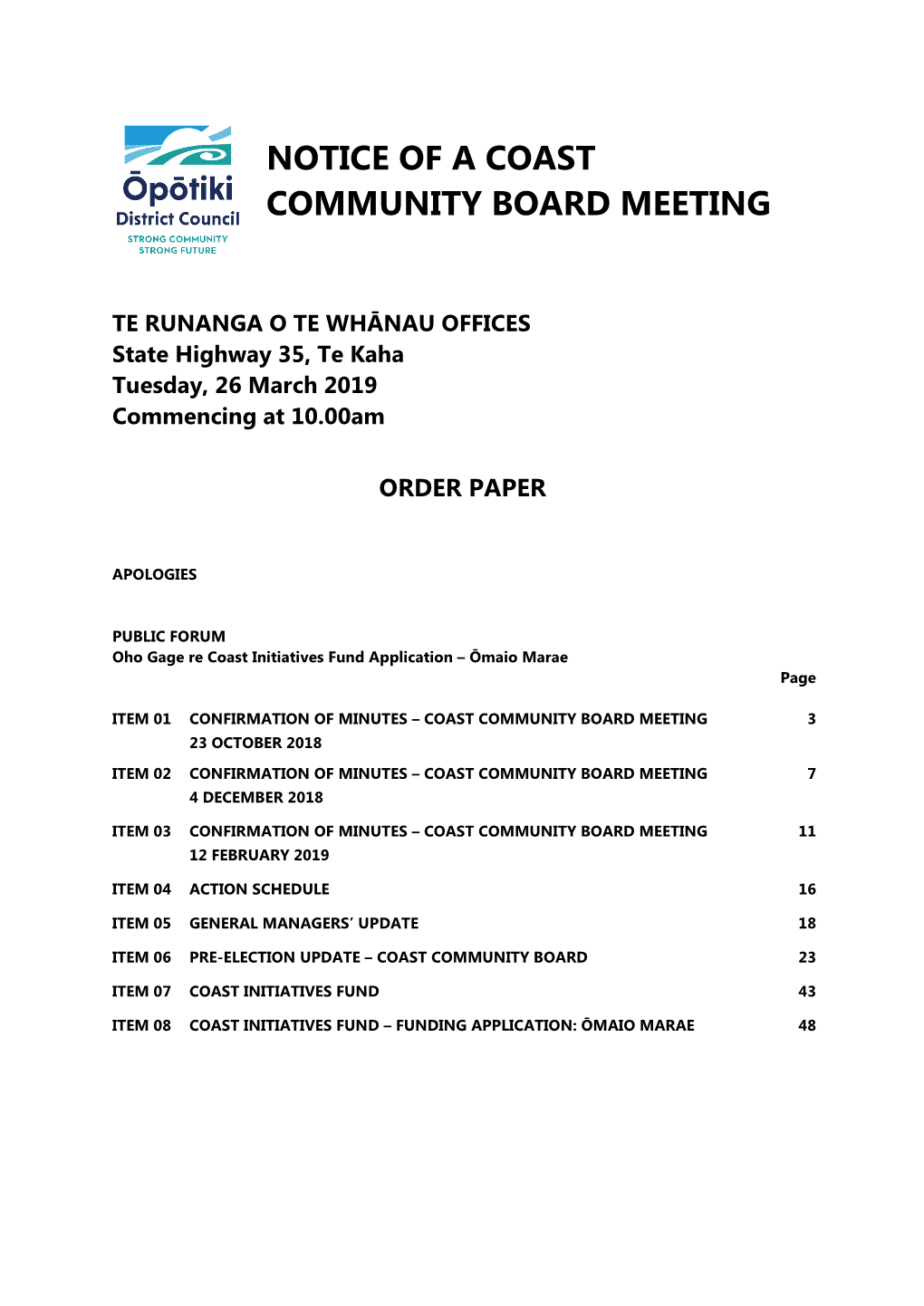Notice of a Coast Community Board Meeting