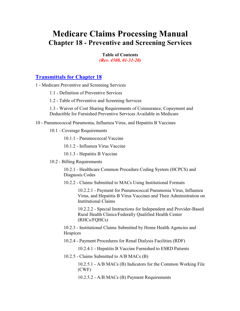 Medicare Claims Processing Manual, Chapter 18 – Preventive and Screening Services