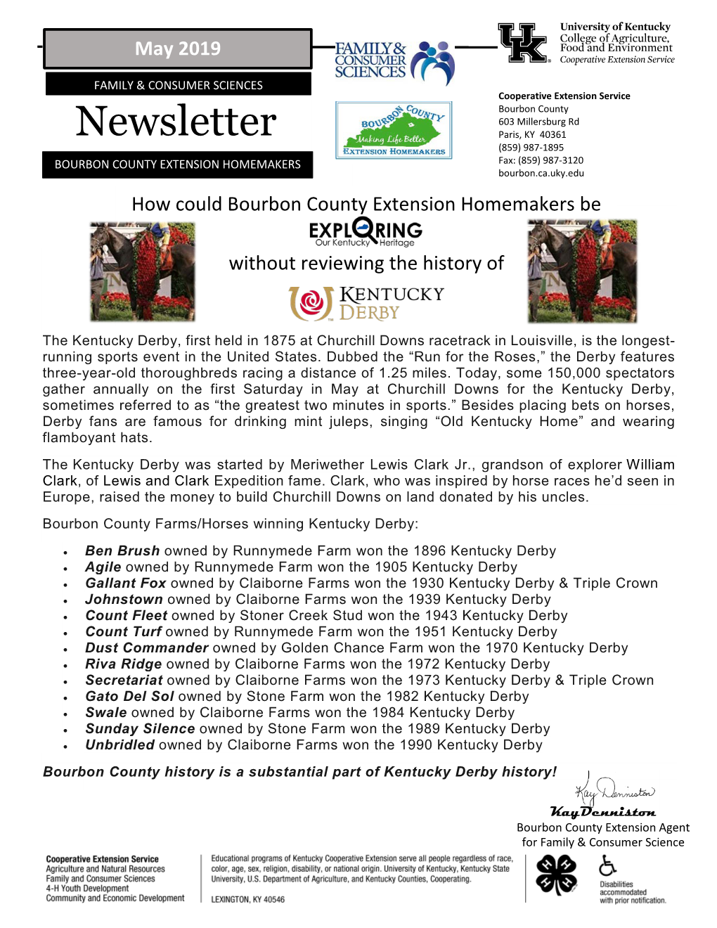 Newsletter Paris, KY 40361 (859) 987-1895 BOURBON COUNTY EXTENSION HOMEMAKERS Fax: (859) 987-3120 Bourbon .Ca.Uky.Edu