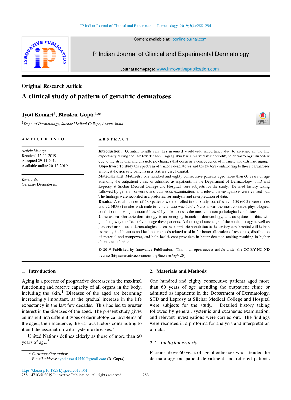 A Clinical Study of Pattern of Geriatric Dermatoses