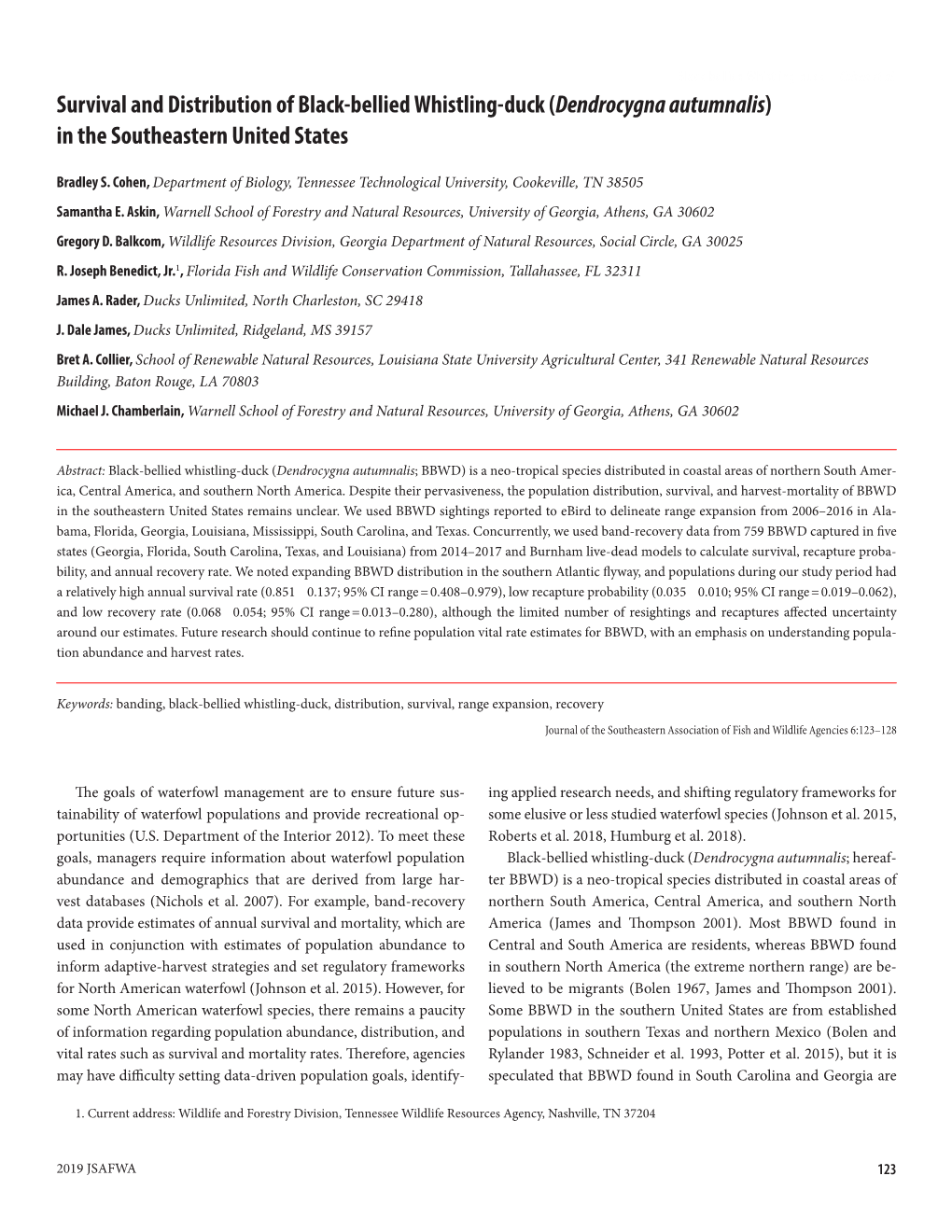 Survival and Distribution of Black-Bellied Whistling-Duck (Dendrocygna Autumnalis) in the Southeastern United States