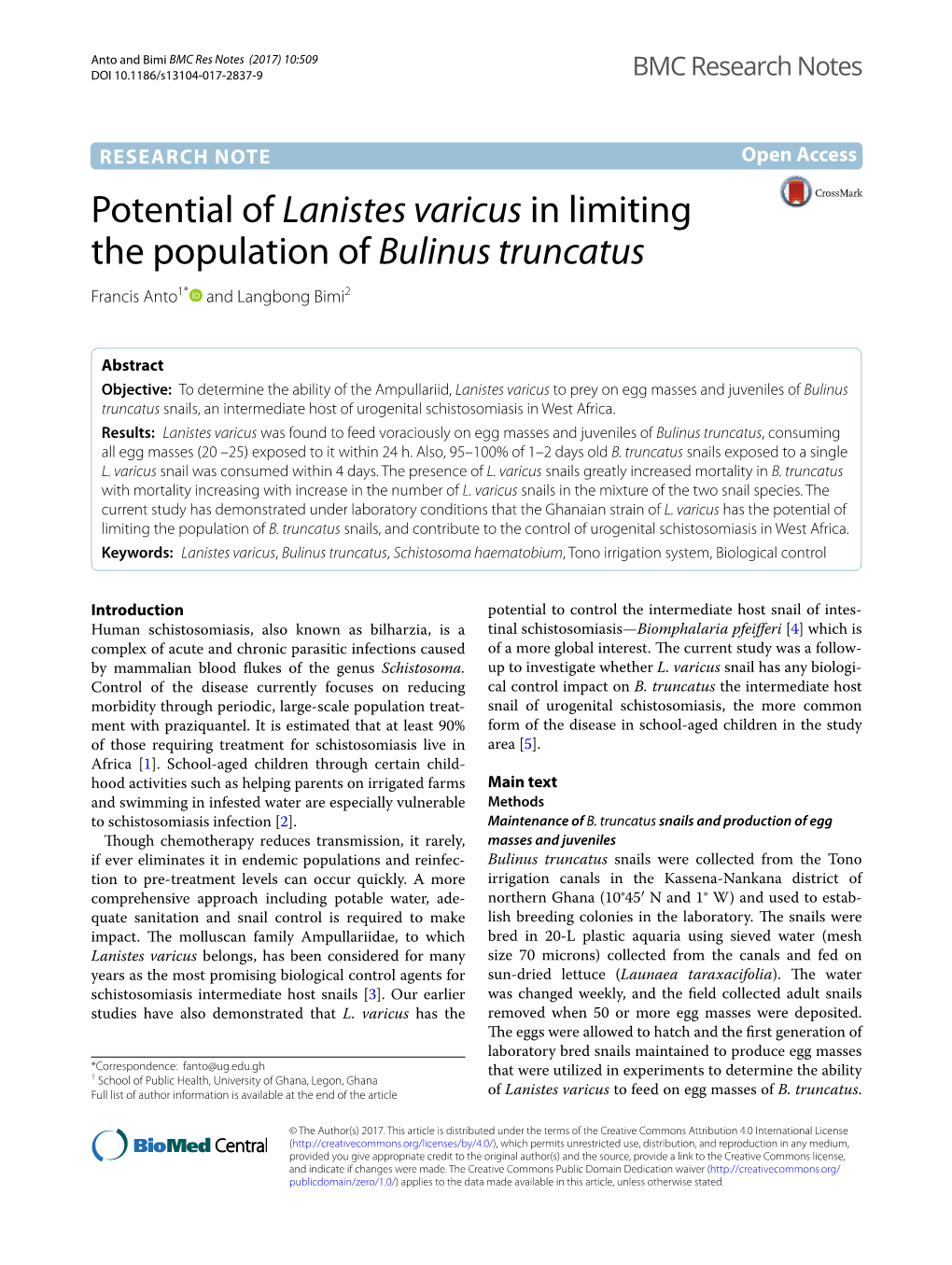 Potential of Lanistes Varicus in Limiting the Population of Bulinus Truncatus Francis Anto1* and Langbong Bimi2